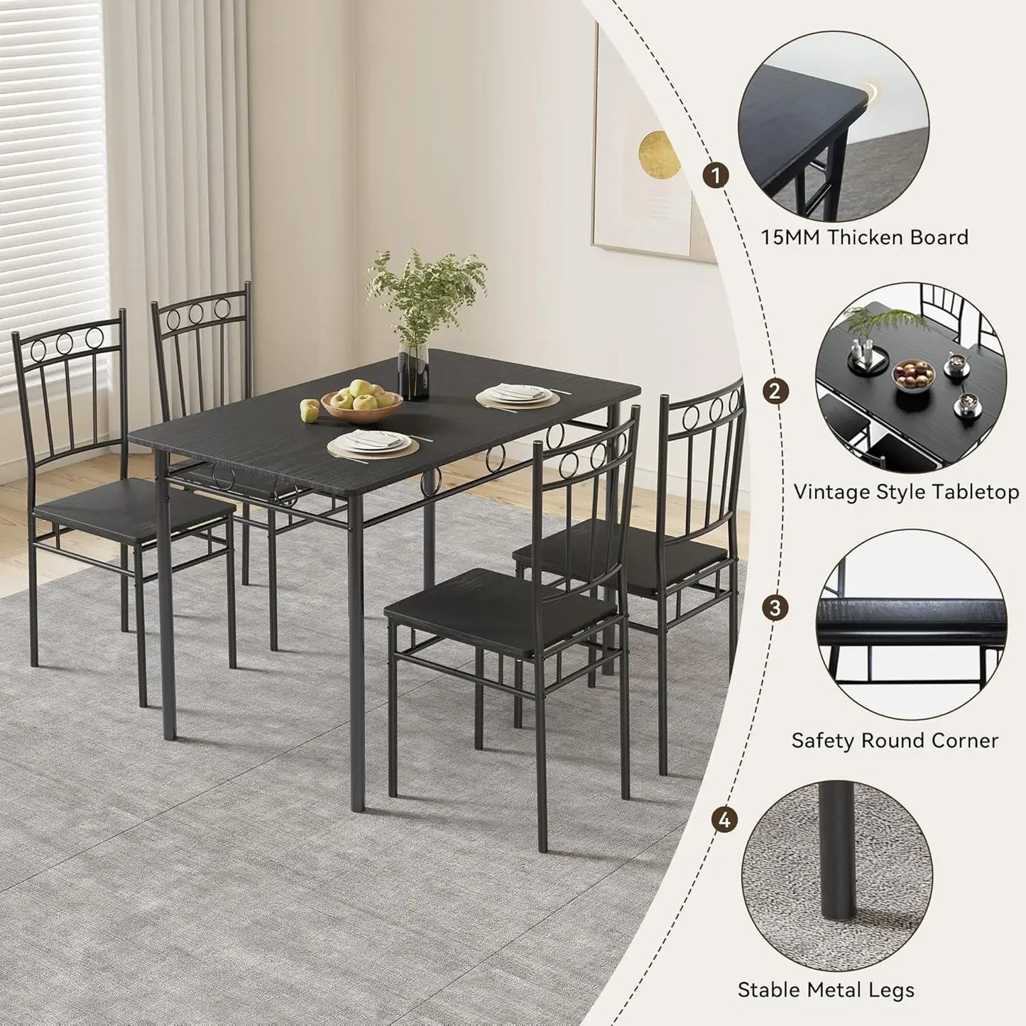5-Piece Kitchen Table and Chairs, Rectangular Dining Room Table