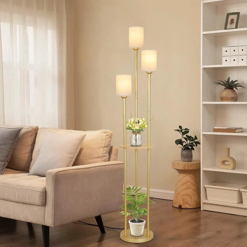 Floor Lamp with Shelves, 3-Lights Standing Lamp with Linen Shade