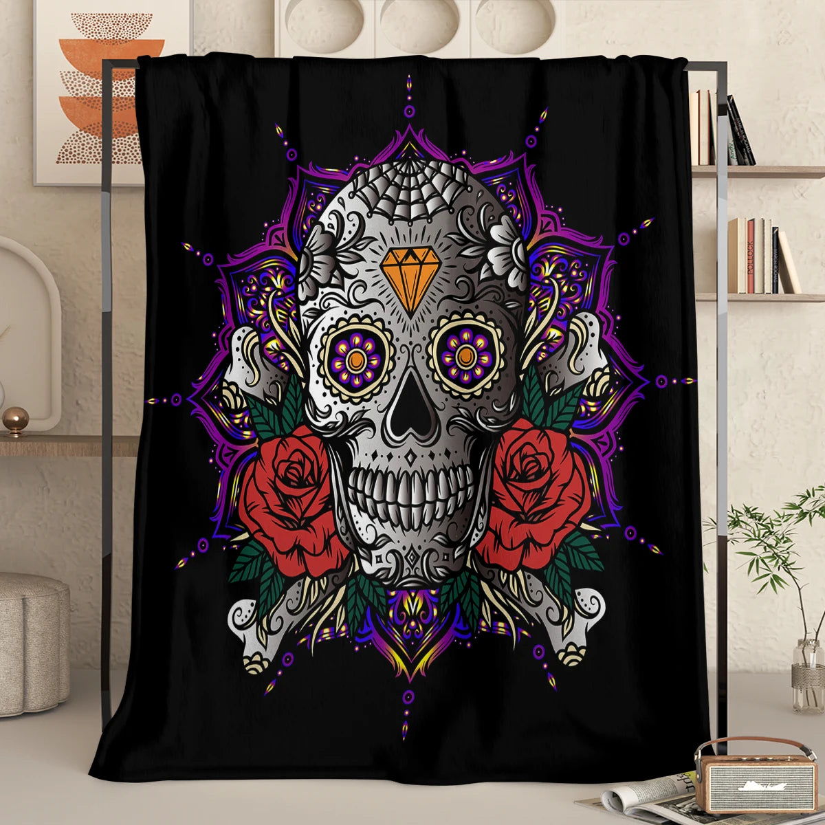 Skull with Rose Lotus and Diamond Printed Flannel Throw Blanket