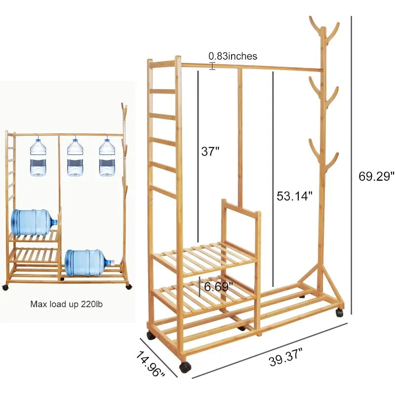 Clothing Rack Bamboo Garment Rack Rolling Coat Rack Multifunctional Bedroom Hanging Clothing Organizer Hat Tree