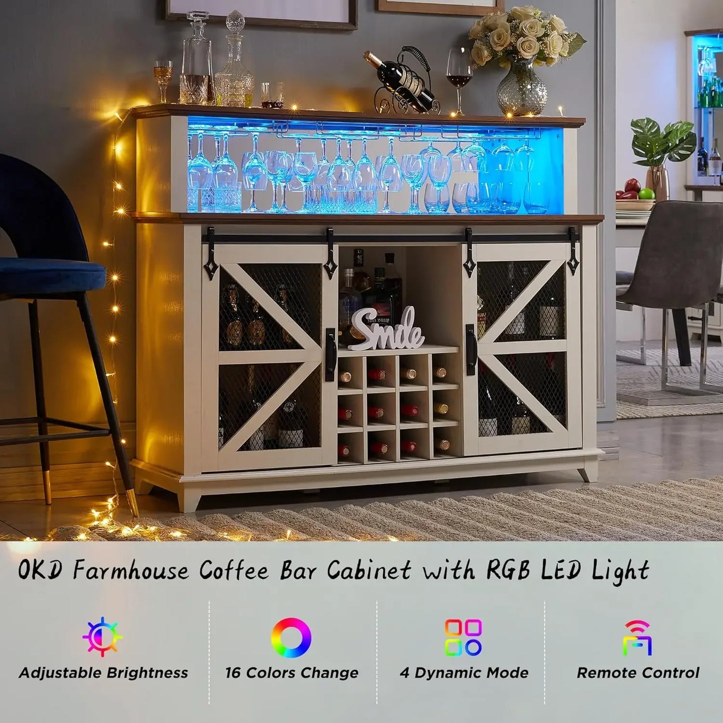 Farmhouse Coffee Bar Cabinet with LED Lights,