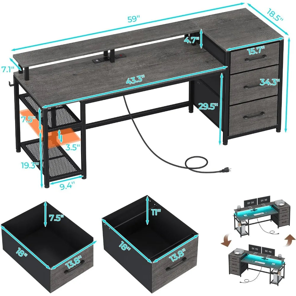 Reversible Computer Desk with File Drawers & Storage, Gaming Desk