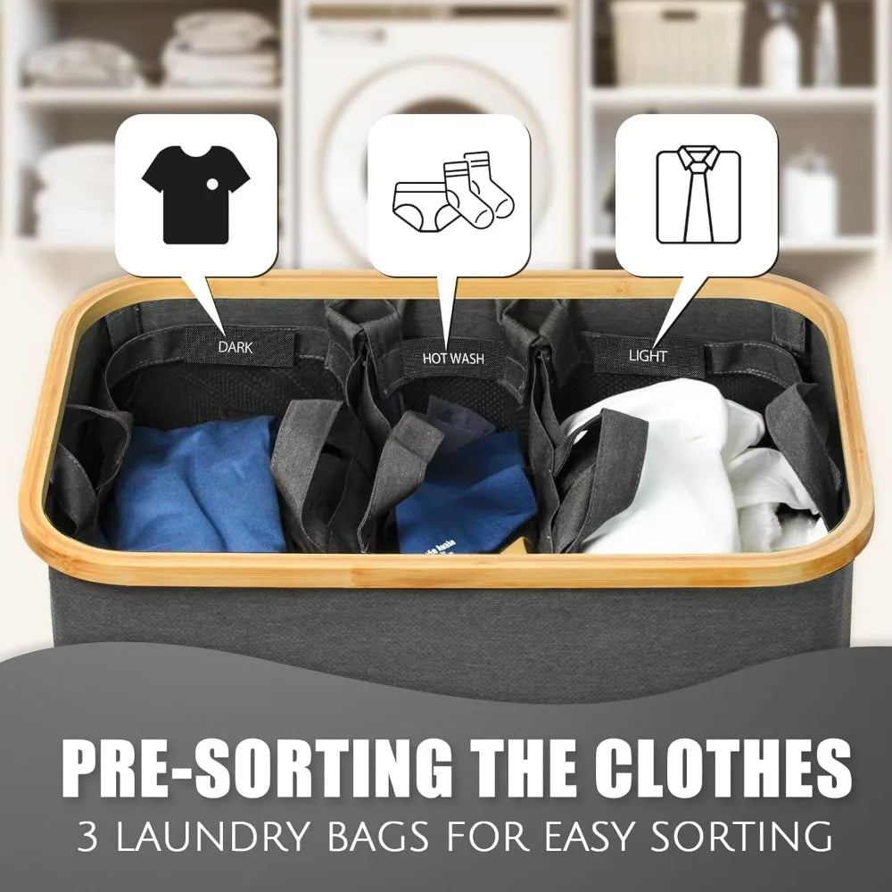 Laundry Basket with Lid, 160L Extra Large 3 Section Clothes Divided Organizer