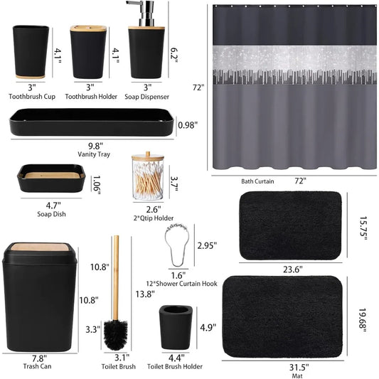 24PCS Black Bathroom Accessories, Shower Curtain and Rugs  and Liner Set