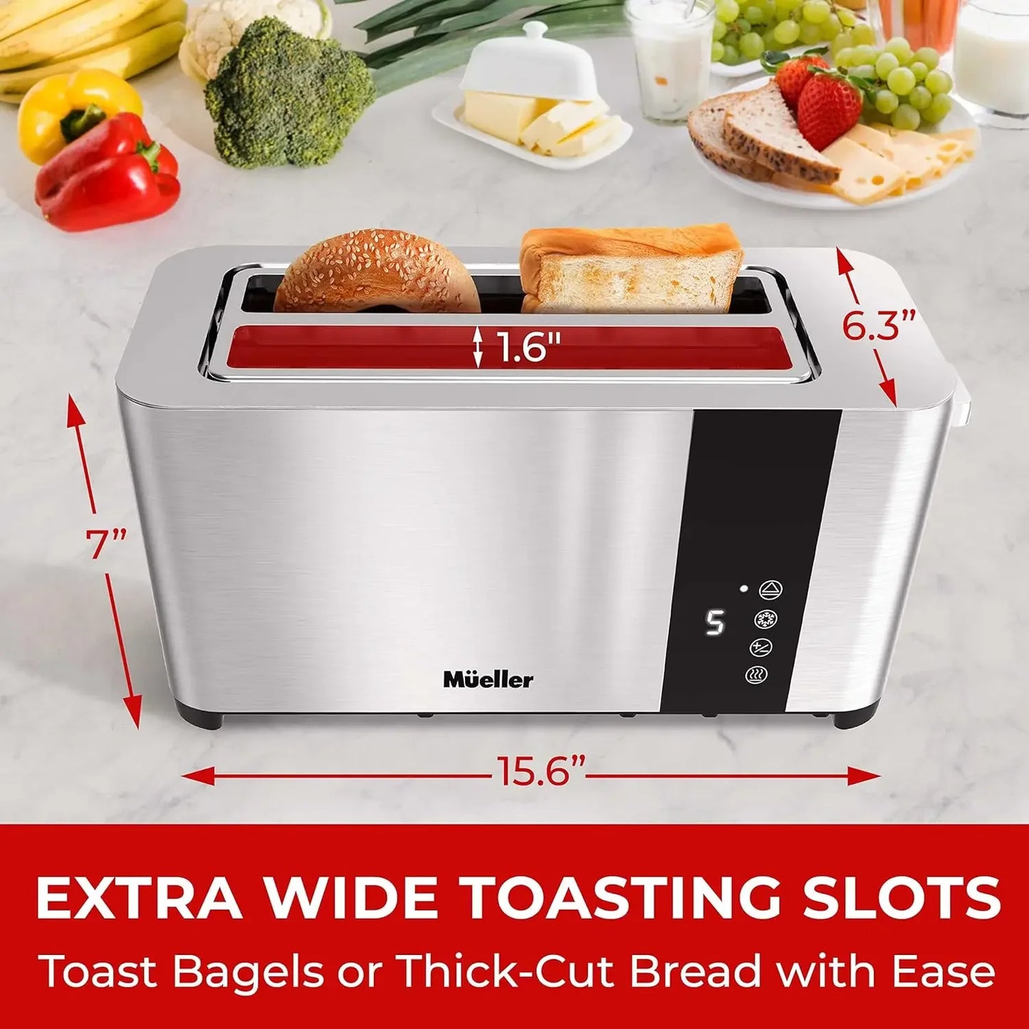 Stainless Steel Toaster 4 Slice Long Extra-Wide Slots