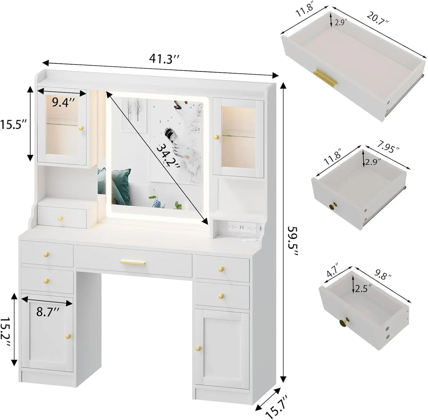 White Vanity Desk with Mirror, Lights