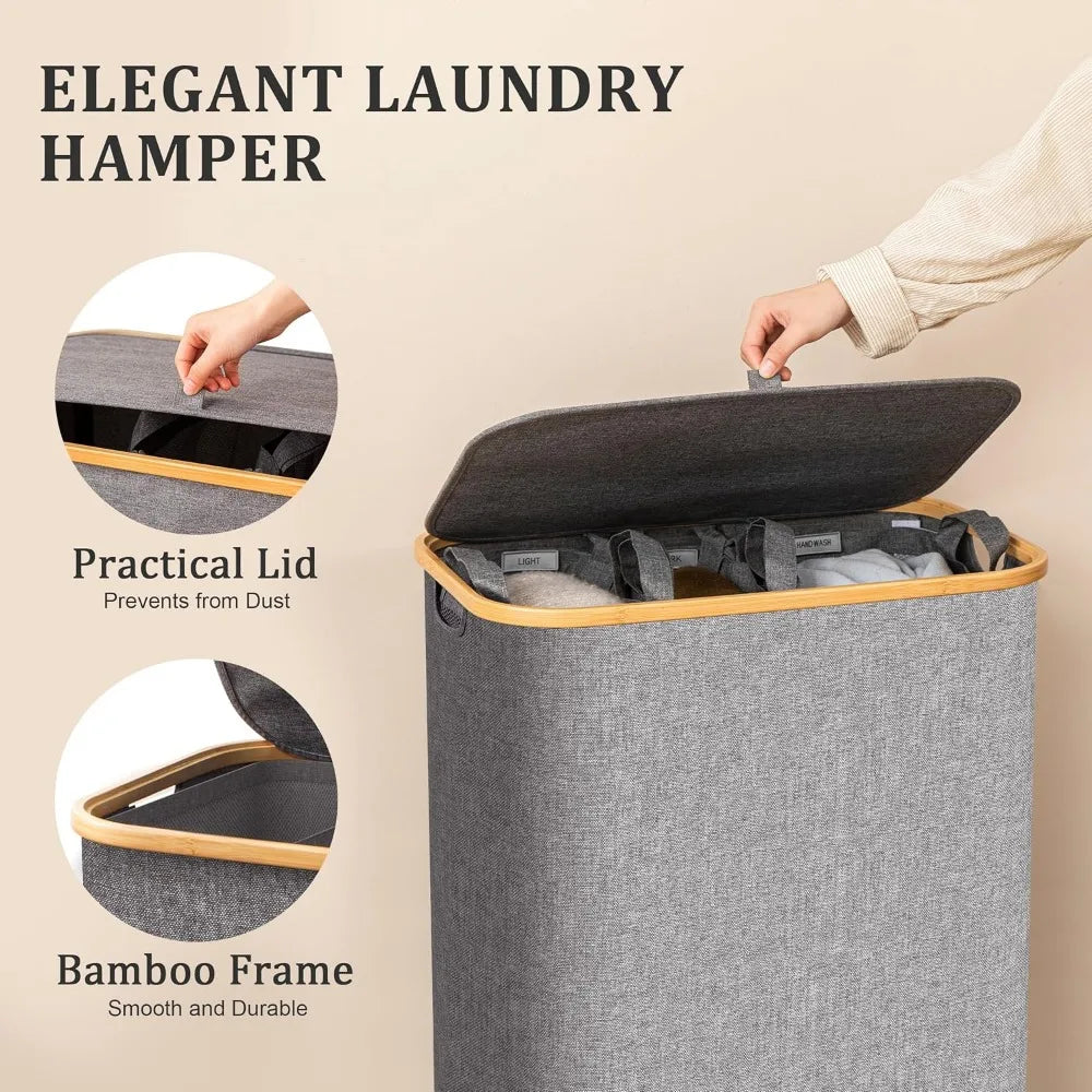 160L Laundry Hamper with Lid Extra Large 3-Section with Bamboo Handles and Removable Laundry Bags for Bathroom Laundry Room Grey