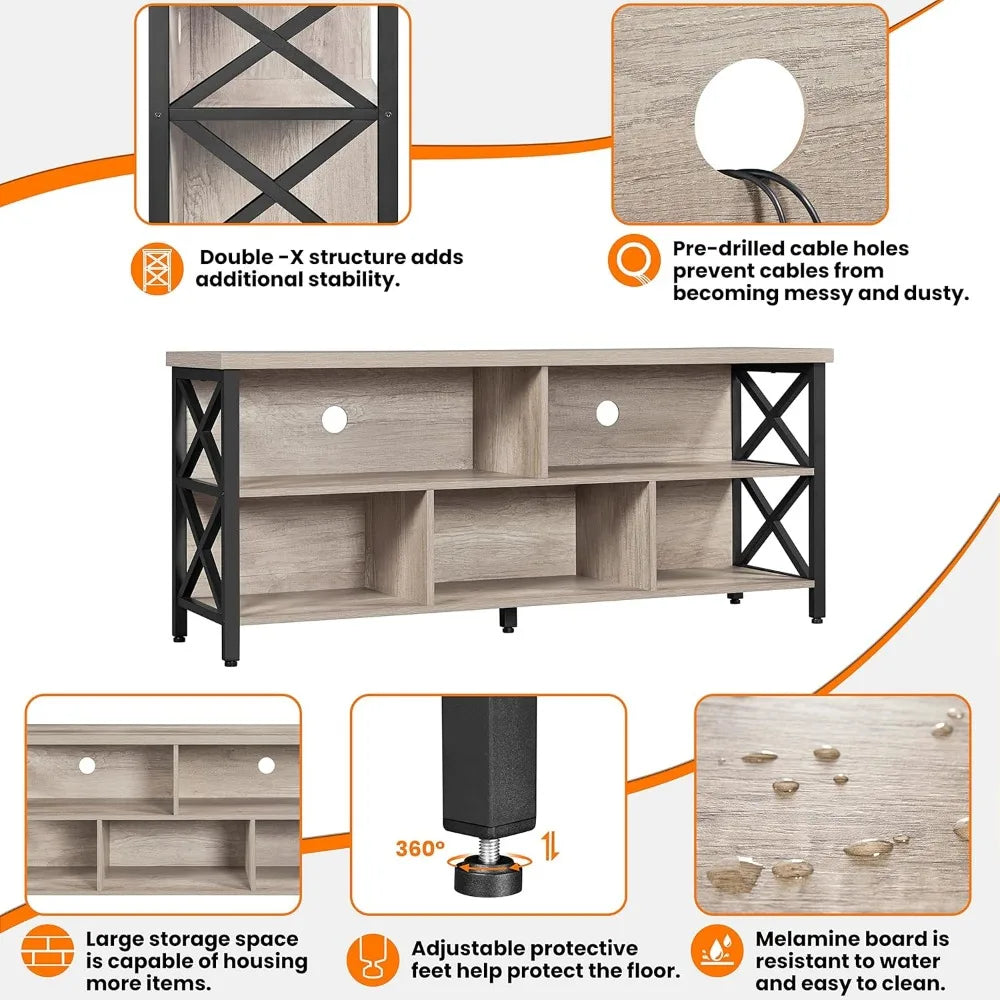 Gray TV Stand with 5 Storage Compartments,