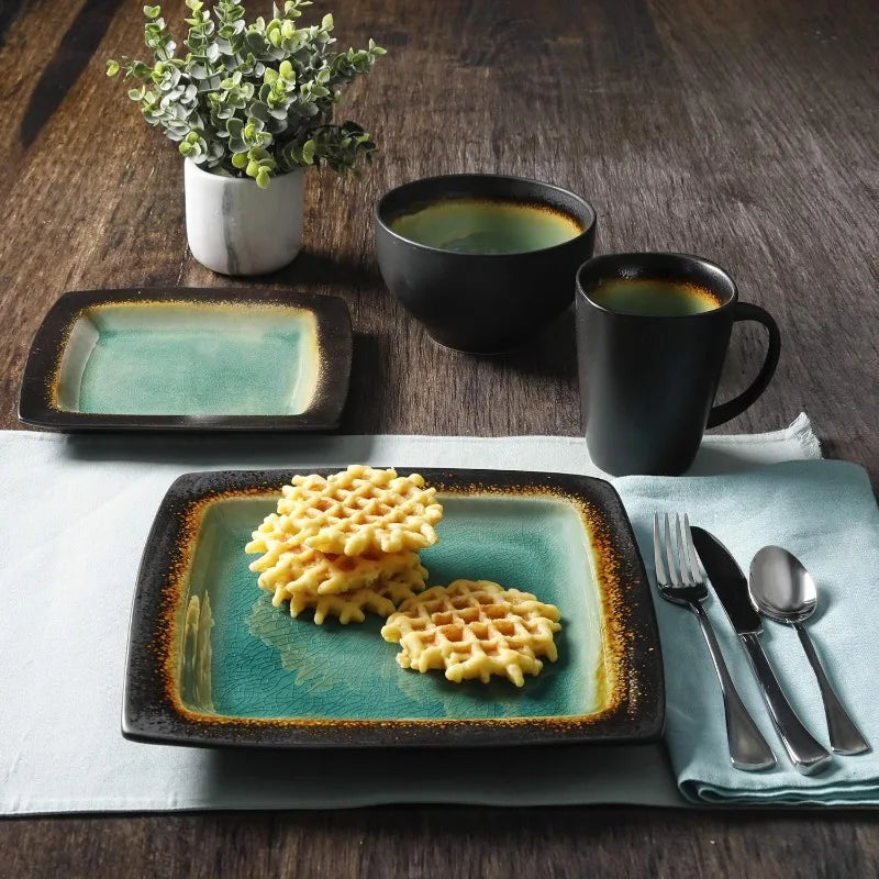 Square Reactive Glaze Stoneware Dinnerware Set, Service for 4 (16pcs),