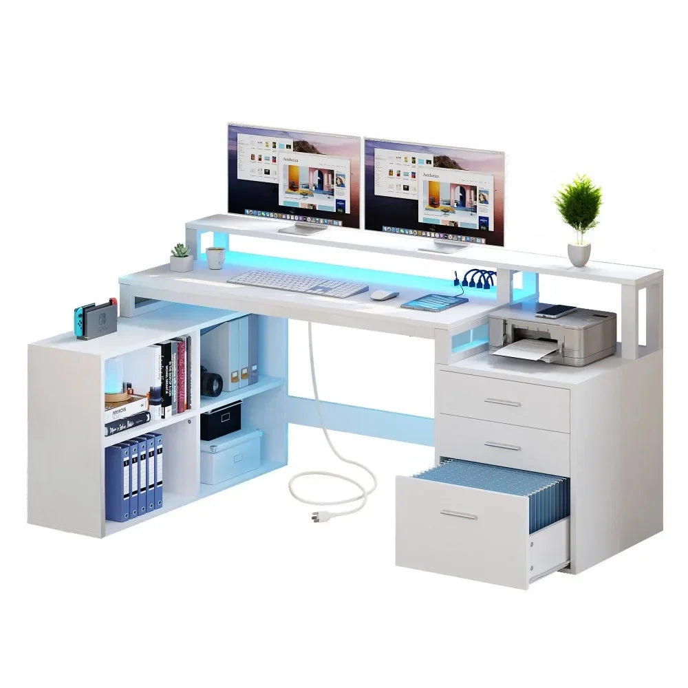 65" L Shaped Desk With Power Outlets And Monitor Stand ,