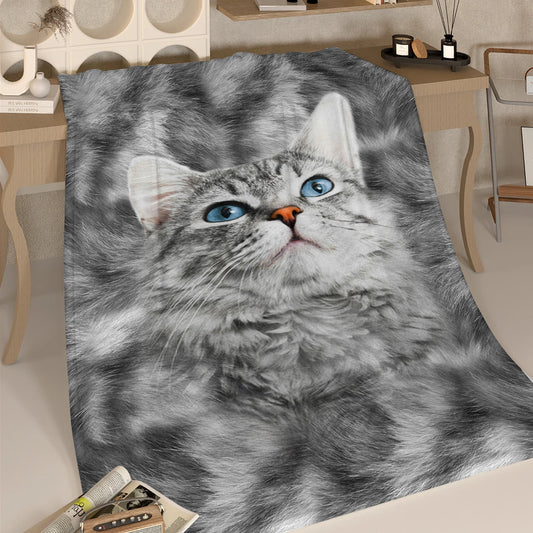 Cute Gray Cat with Thick Hair Printed Flannel Throw Blanket