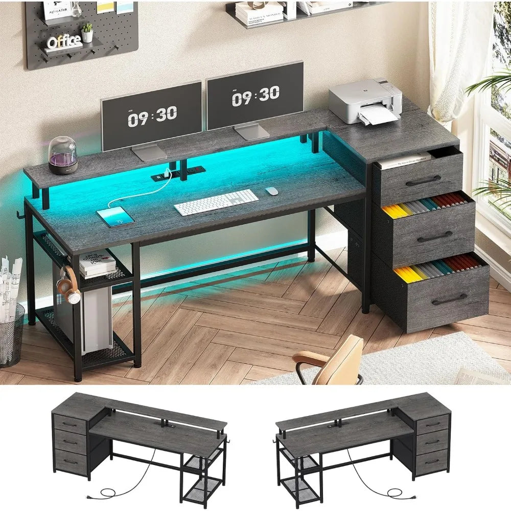 Reversible Computer Desk with File Drawers & Storage, Gaming Desk