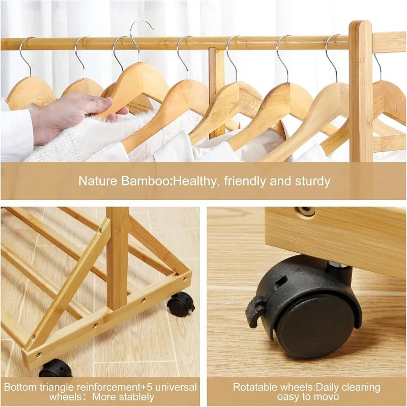 Clothing Rack Bamboo Garment Rack Rolling Coat Rack Multifunctional Bedroom Hanging Clothing Organizer Hat Tree