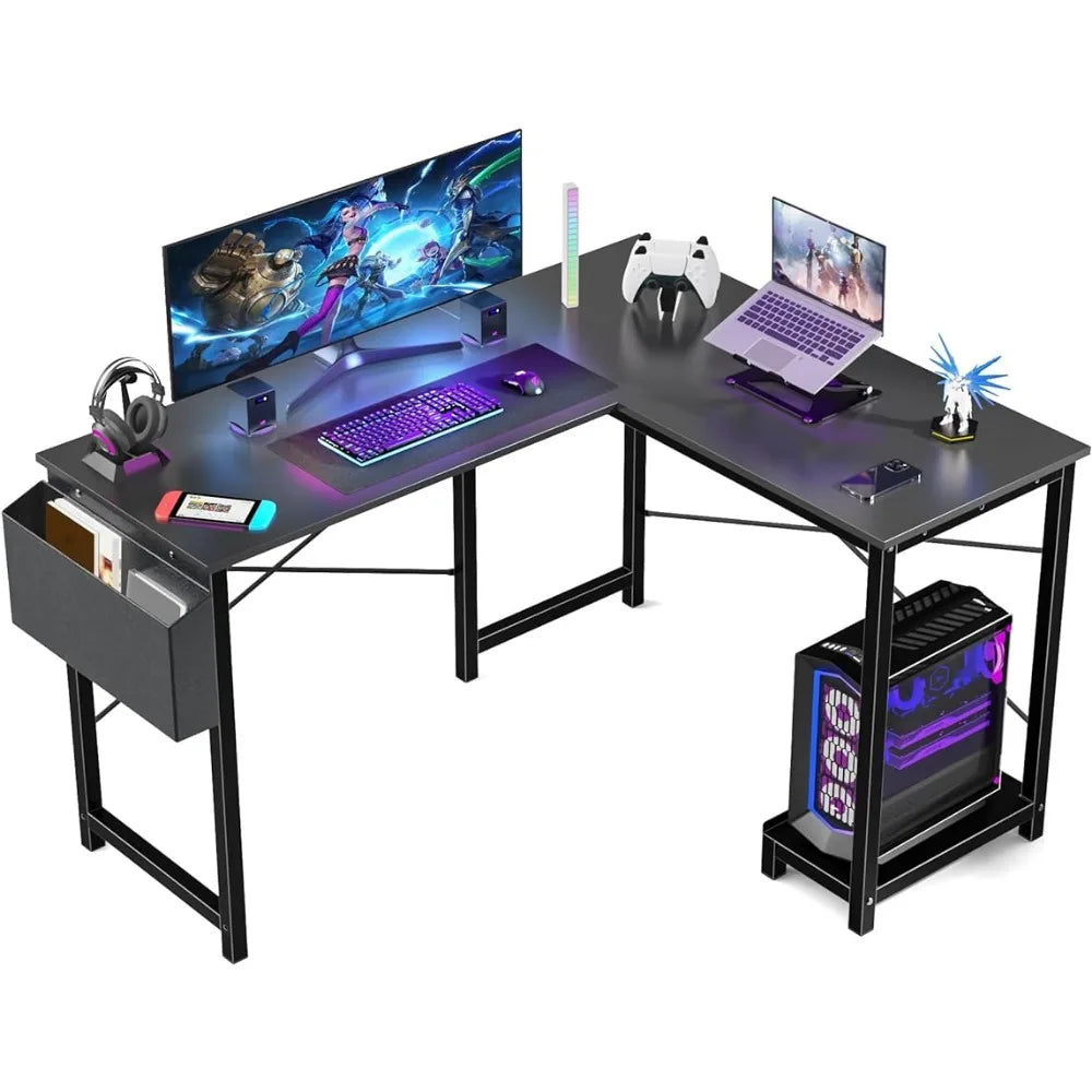 L Shaped Computer Desk Corner PC Gaming Table with Side Storage Bag