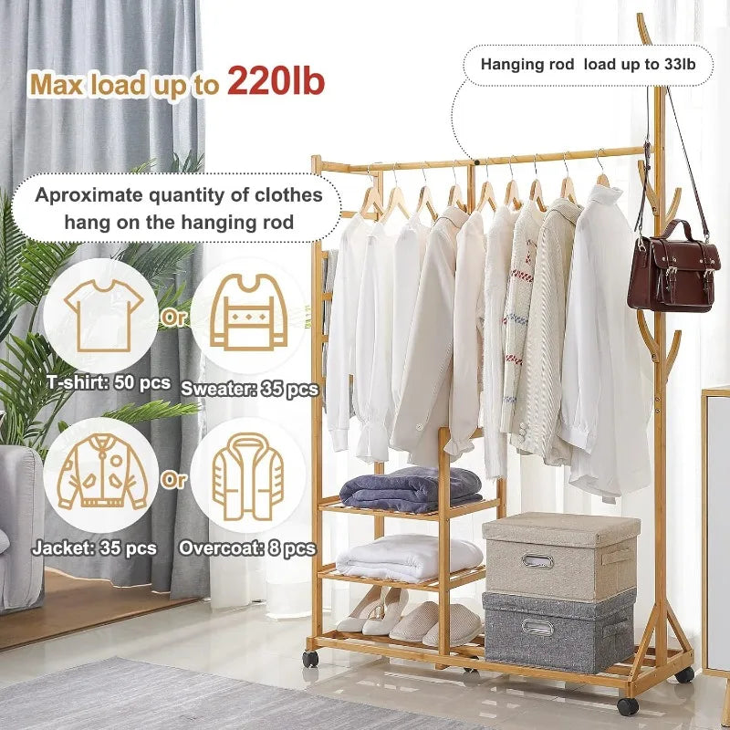 Clothing Rack Bamboo Garment Rack Rolling Coat Rack Multifunctional Bedroom Hanging Clothing Organizer Hat Tree