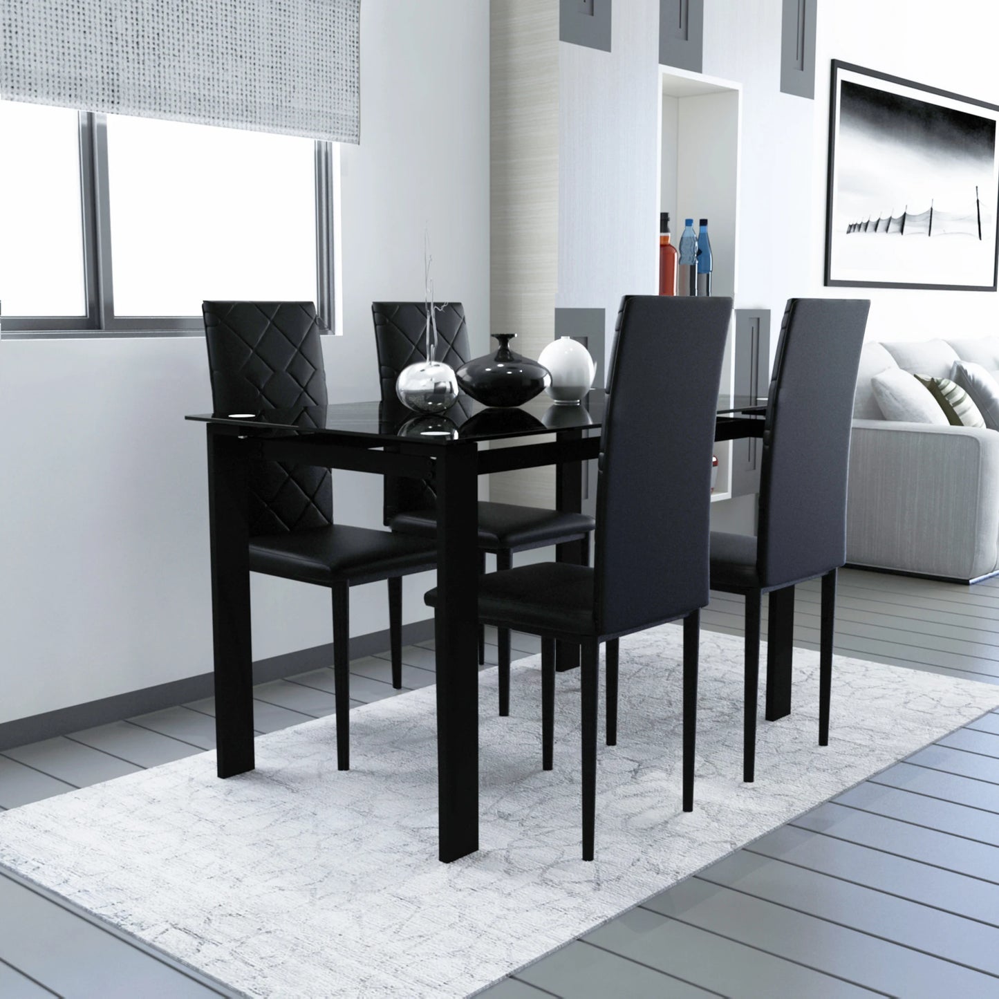 5PCS Tempered Glass Black Dining Table Chair Set  W/4 High-End Dining Chairs