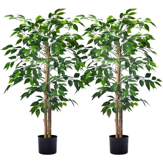 2Packs 4FT Artificial Ficus Trees with Realistic Leaves and Natural Trunk