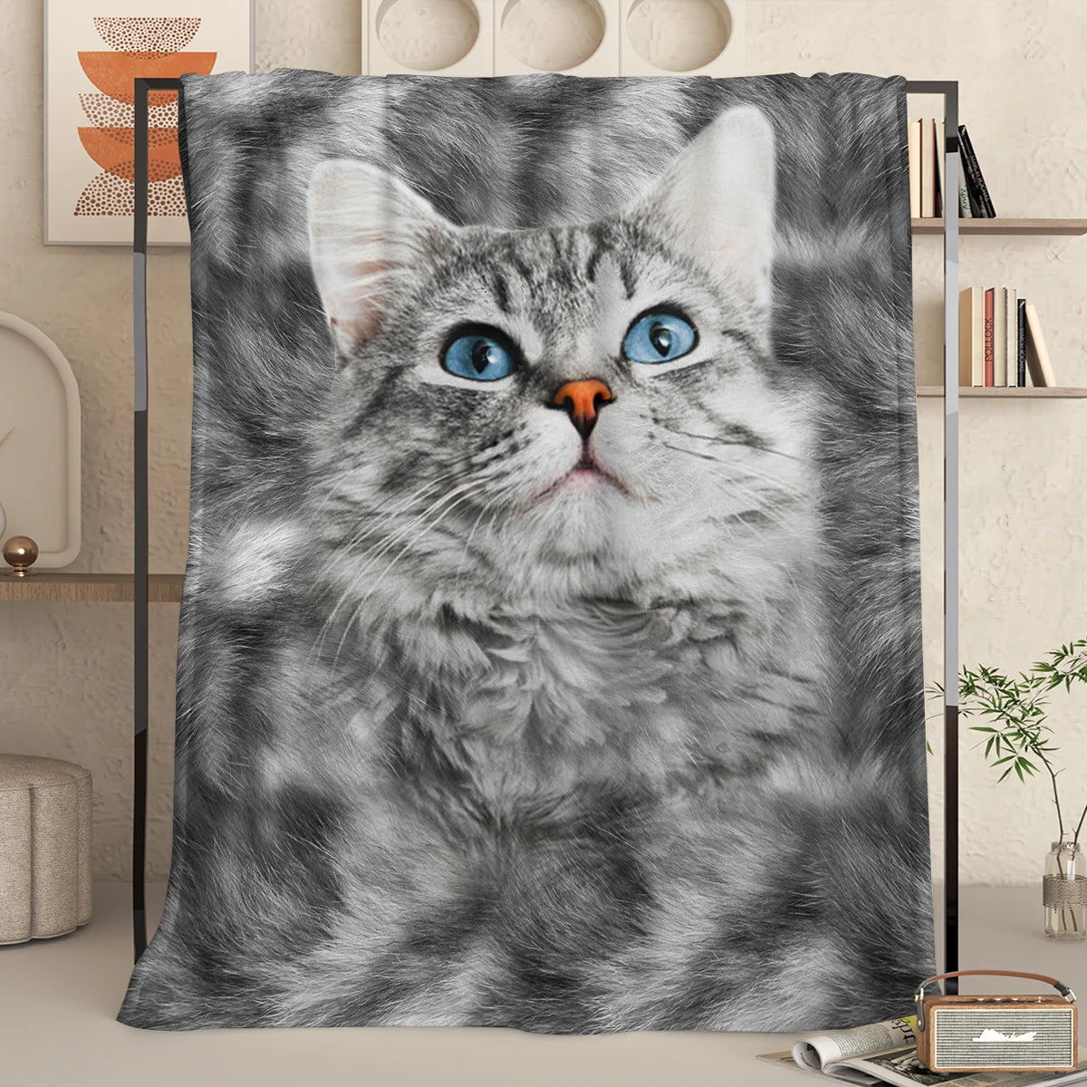 Cute Gray Cat with Thick Hair Printed Flannel Throw Blanket