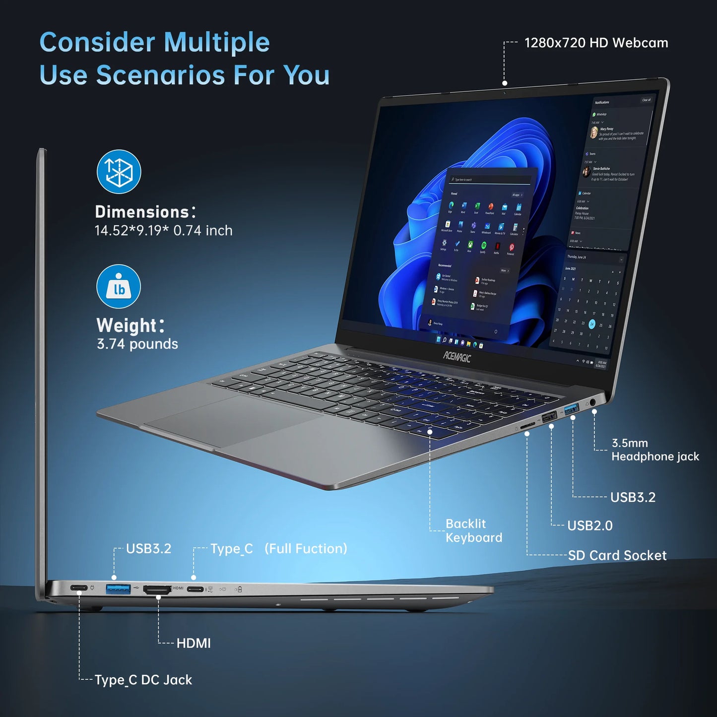 Laptop Intel N95 16 Inch 16GB Business Computer Notebook PC Windows 11 Pro