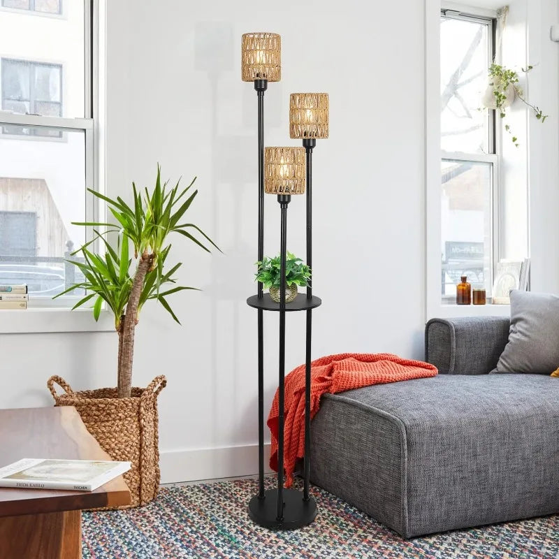 Floor Lamp with Shelves, 3-Lights Standing Lamp with Linen Shade