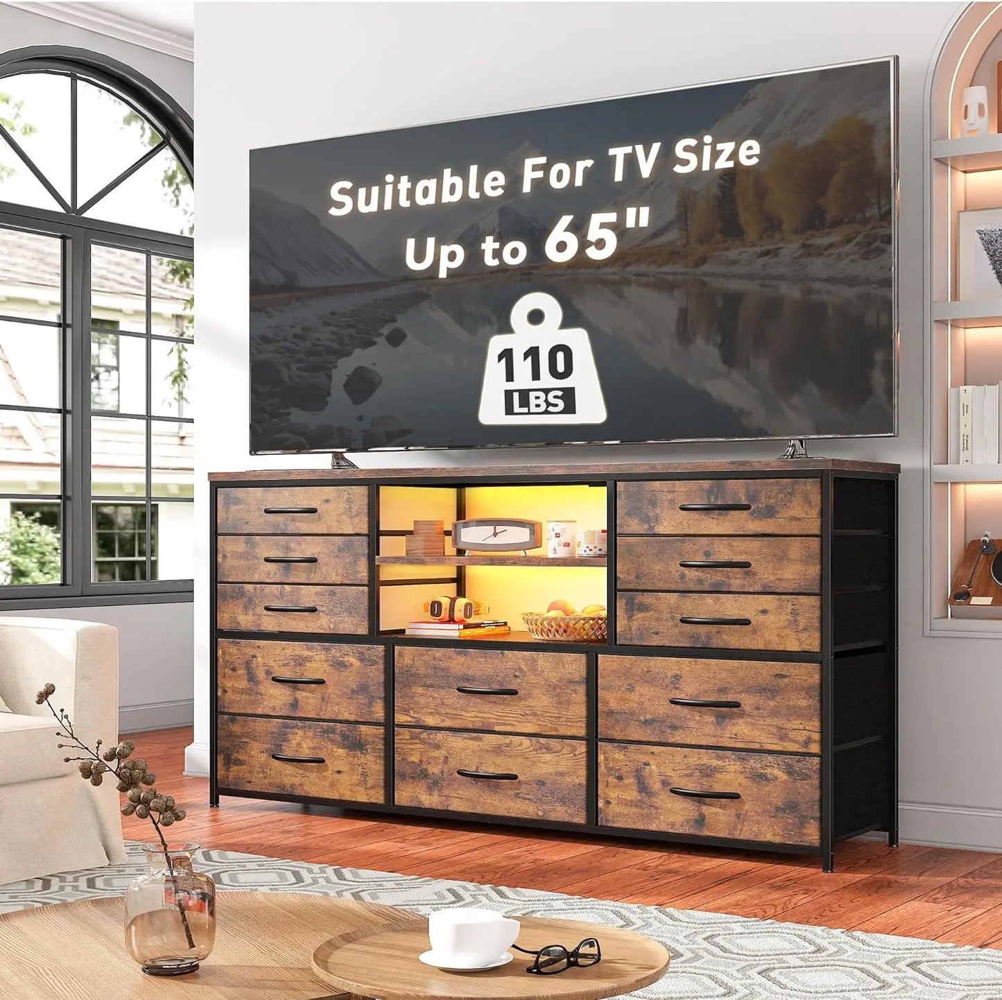 TV Stand Dresser for Bedroom with Power Outlet & LED Lights