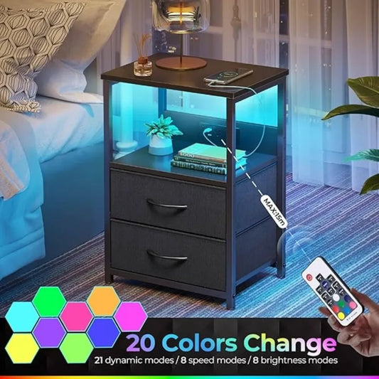 Nightstand with Charging Station,  with LED Lights,