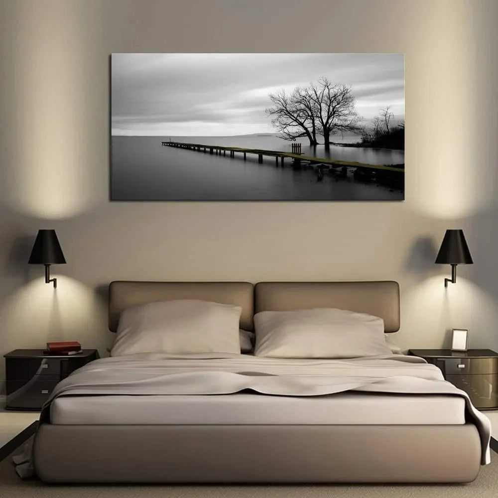 Wall Art Black and White Lake Trees