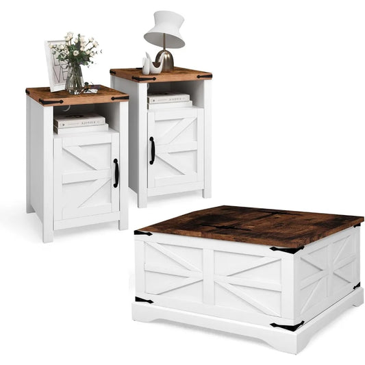 3 Piece Farmhouse Table Set, Coffee Table and Side Table with Storage,