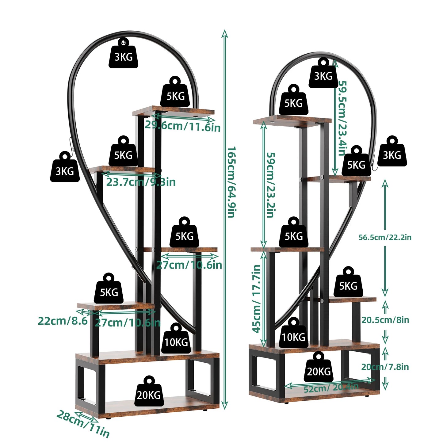 6 Tier Wood and Metal Plant Flower Rack Stand Storage Display Shelf  Heart Shaped for Garden Balcony Living Room