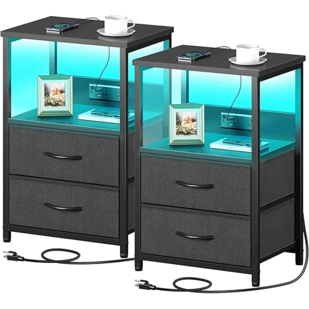 Nightstand with Charging Station,  with LED Lights,