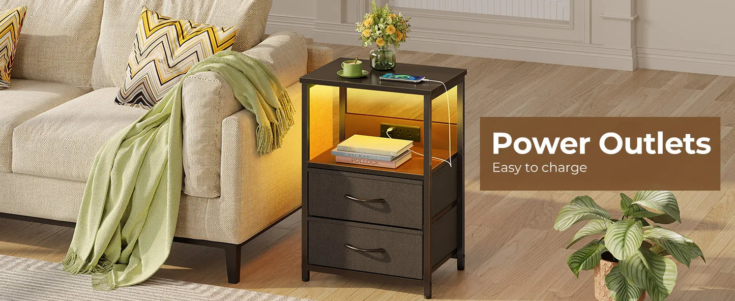 Nightstand with Charging Station,  with LED Lights,