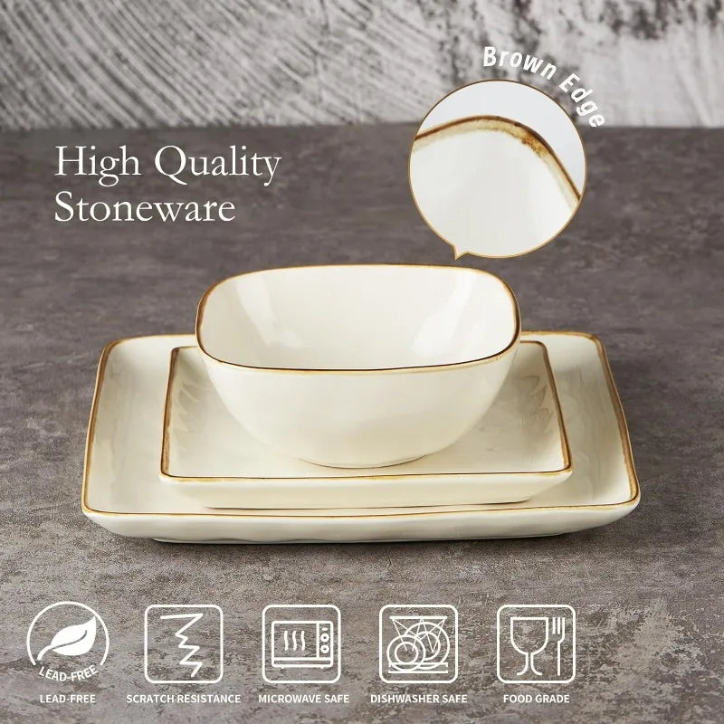 Ocean Square 12-Piece Kitchen Plates and Bowls Sets, Microwave and Dishwasher Safe,