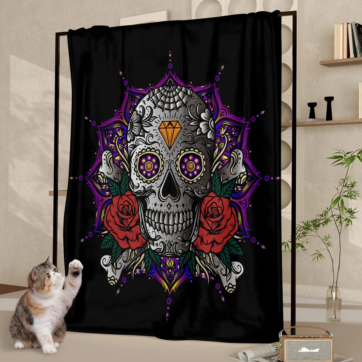 Skull with Rose Lotus and Diamond Printed Flannel Throw Blanket