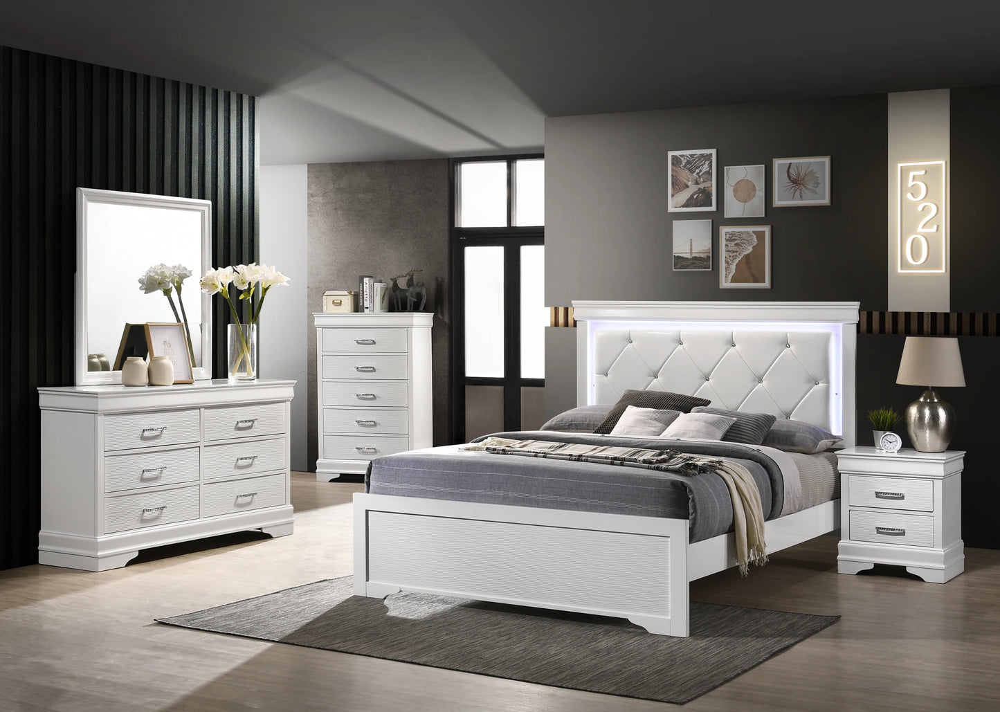 Queen 5-N Pc Tufted Upholstery LED Bedroom set