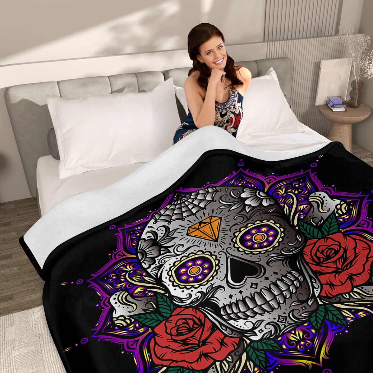 Skull with Rose Lotus and Diamond Printed Flannel Throw Blanket