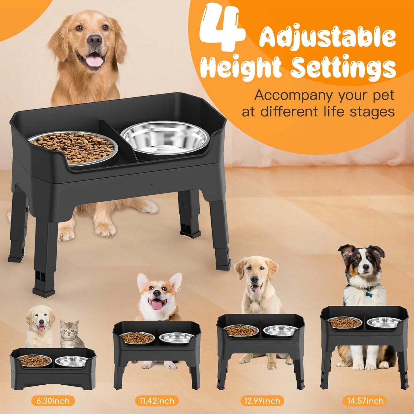 Elevated Pet Feeder Stand With Stainless Steel Double Bowls,