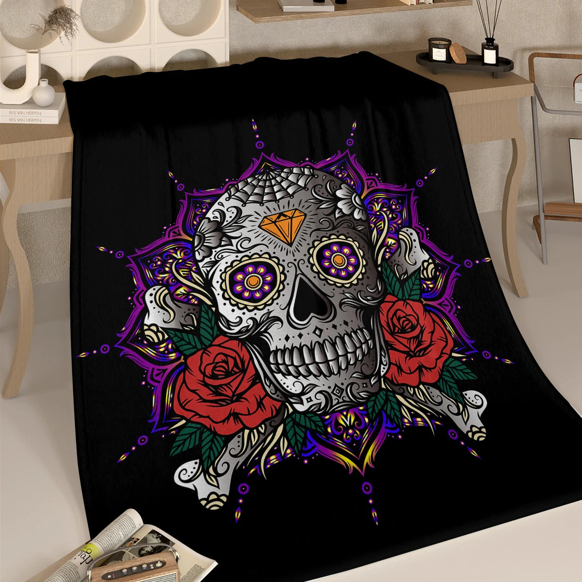 Skull with Rose Lotus and Diamond Printed Flannel Throw Blanket