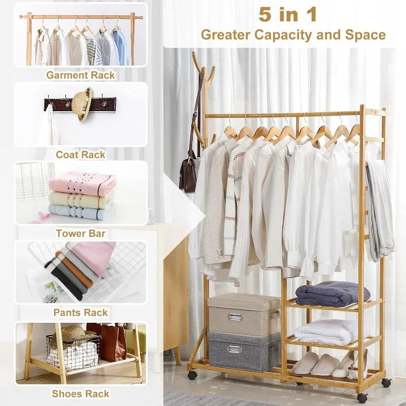 Clothing Rack Bamboo Garment Rack Rolling Coat Rack Multifunctional Bedroom Hanging Clothing Organizer Hat Tree