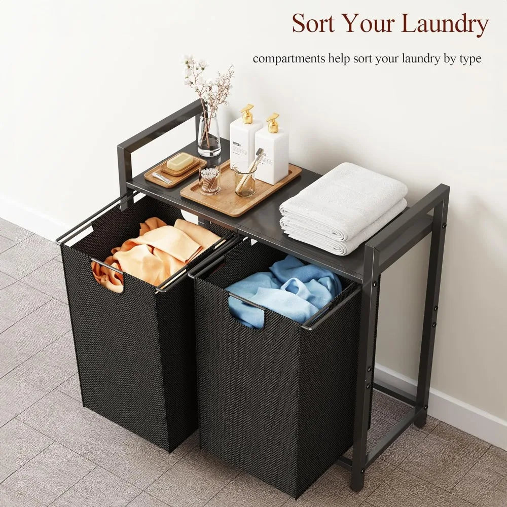 Laundry Hamper with Shelf & 2 Pull-Out Removable Bags