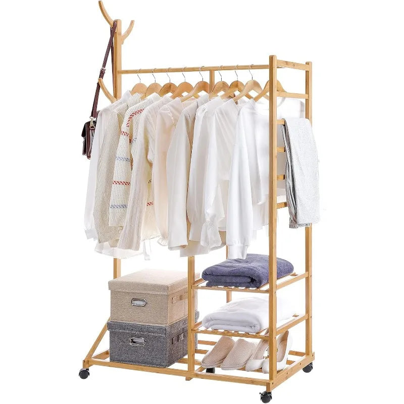 Clothing Rack Bamboo Garment Rack Rolling Coat Rack Multifunctional Bedroom Hanging Clothing Organizer Hat Tree