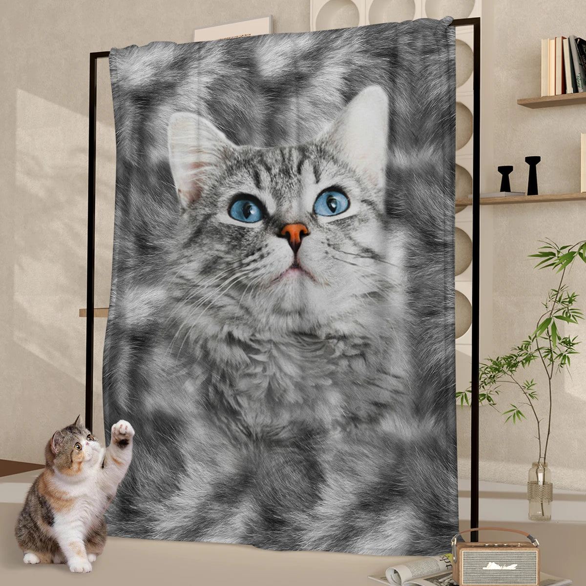 Cute Gray Cat with Thick Hair Printed Flannel Throw Blanket