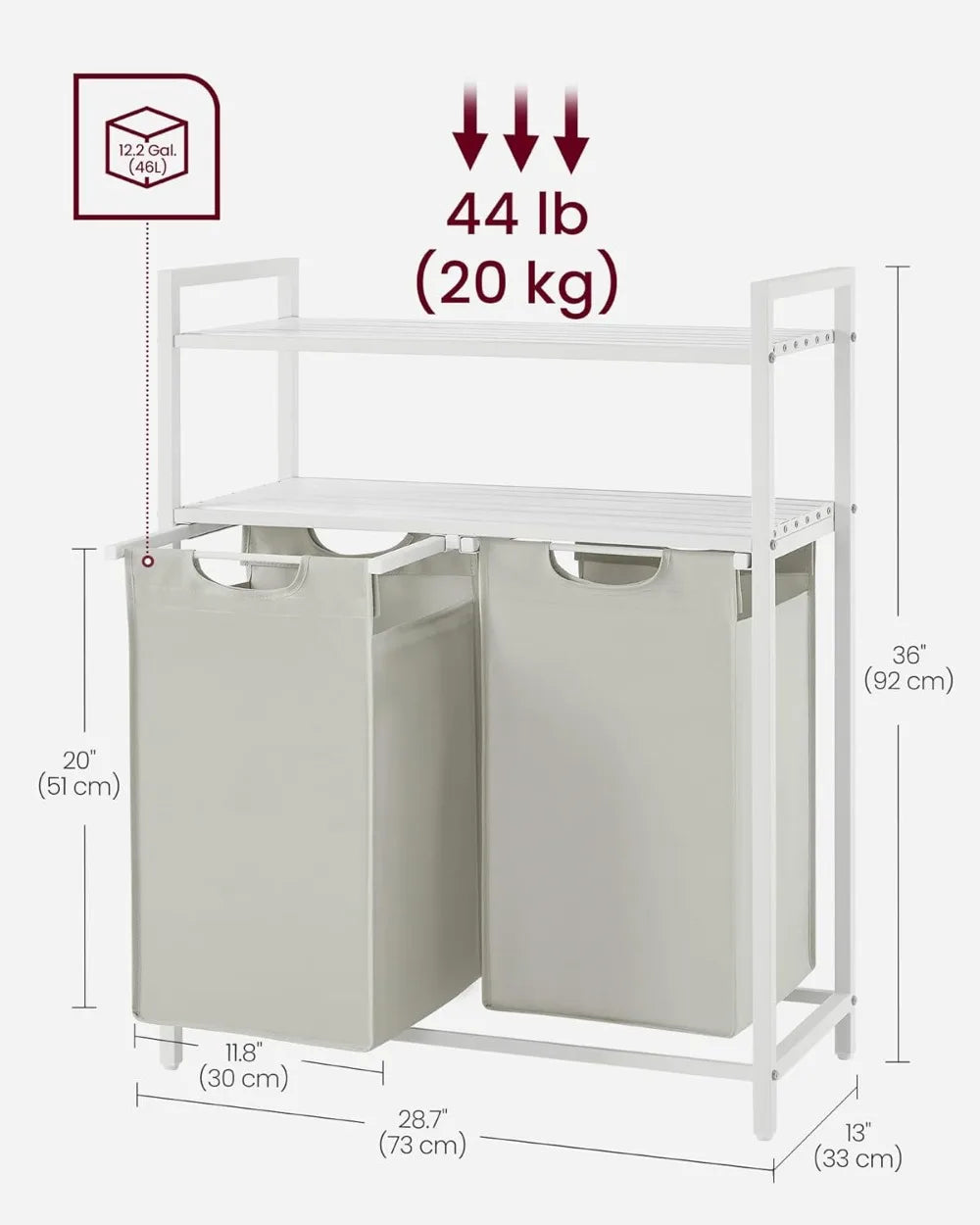 Laundry Basket  with 2 Pull-Out and Removable Bags