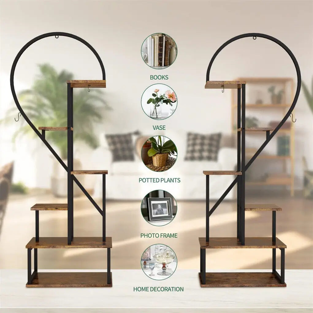 6 Tier Wood and Metal Plant Flower Rack Stand Storage Display Shelf  Heart Shaped for Garden Balcony Living Room