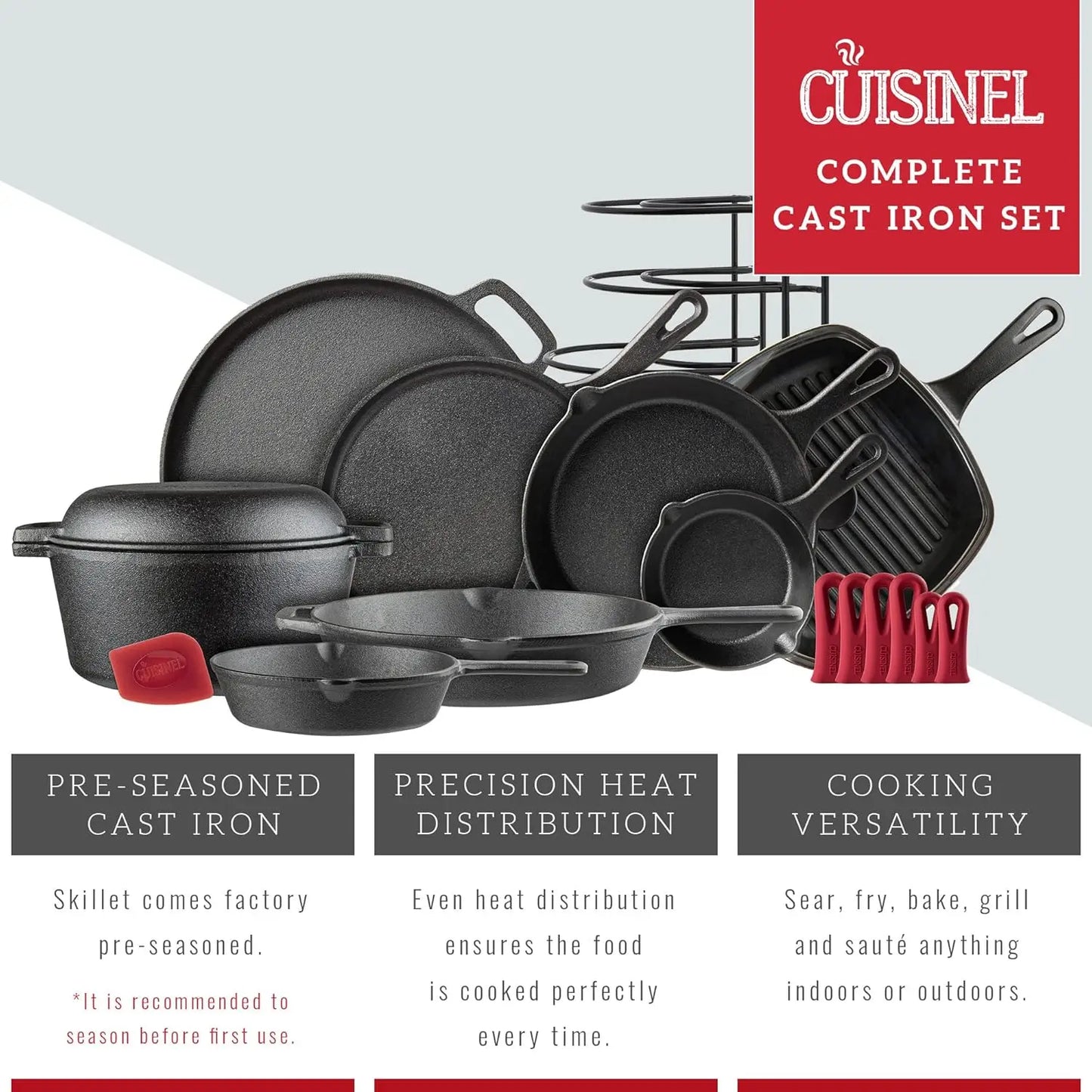 Cast Iron Cookware 17Piece Set - Pre-Seasoned Skillet