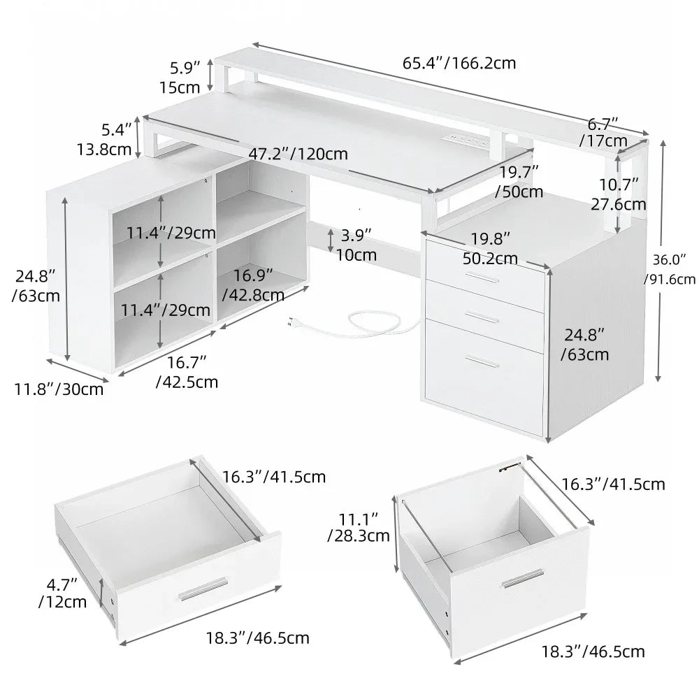 65" L Shaped Desk With Power Outlets And Monitor Stand ,