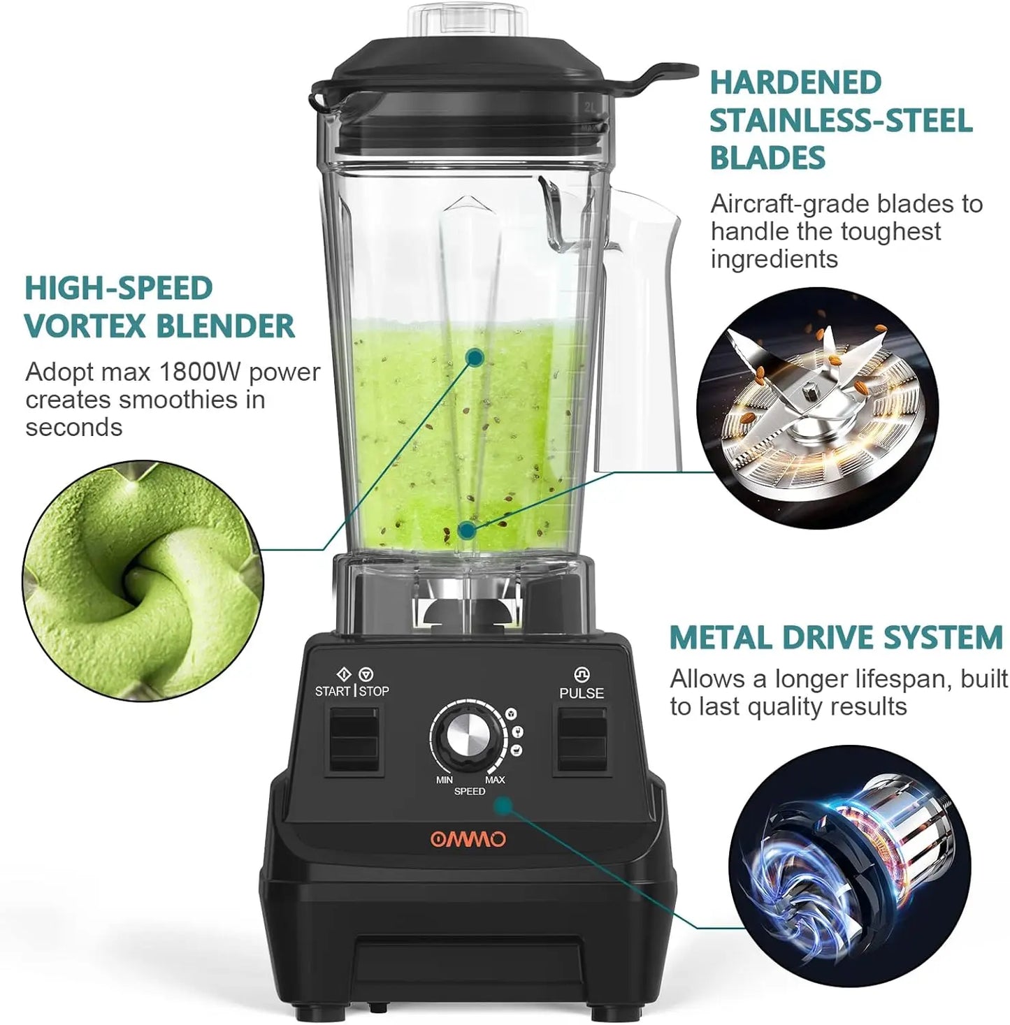 Blender 1800W Professional High Speed Countertop Blender