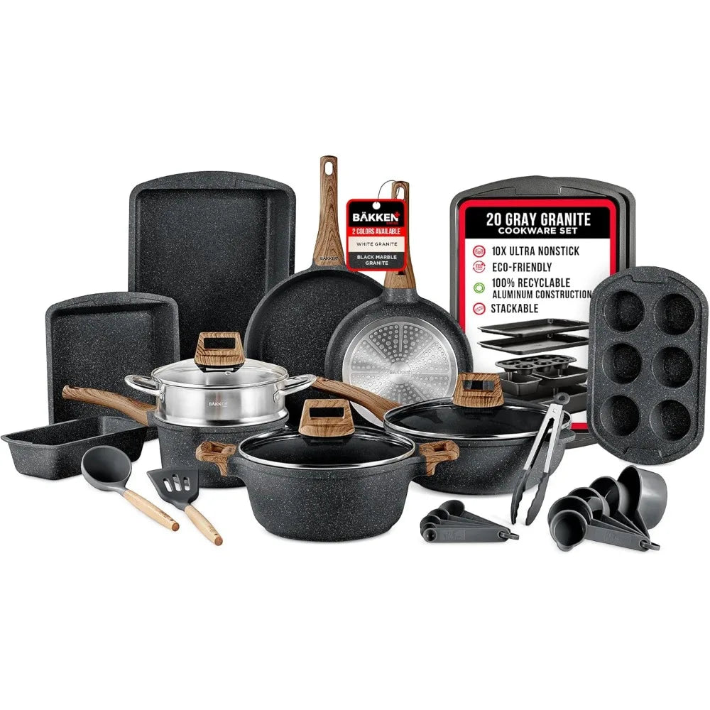 20-Piece Kitchen Cookware Set – Granite Non-Stick – for All Stoves & Oven-Safe - Marble coating