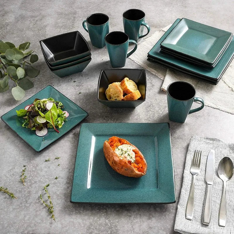 Square Reactive Glaze Stoneware Dinnerware Set, Service for 4 (16pcs),