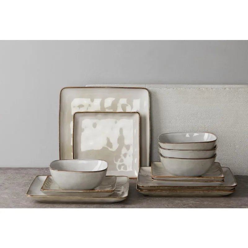 Ocean Square 12-Piece Kitchen Plates and Bowls Sets, Microwave and Dishwasher Safe,