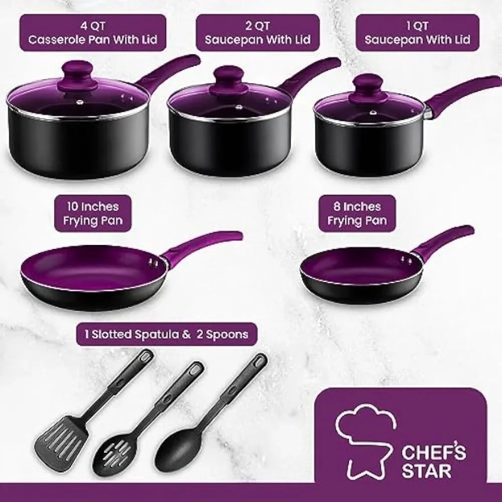 Chef's Star Pots And Pans Set, Nonstick Aluminum Cooking Essentials 11 Pieces Purple